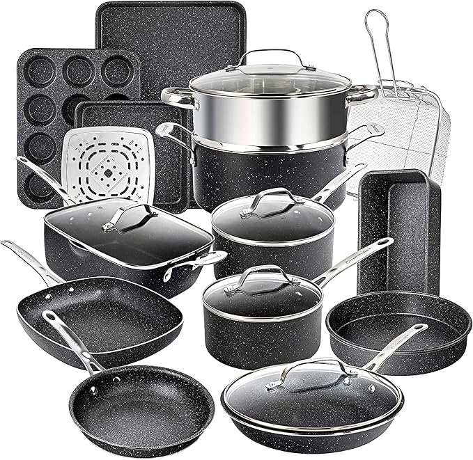 Granitestone True 20 Pc Pots and Pans Set Non Stick Cookware Set with Deep Square Pan and Bakeware Set, Non Toxic PFOA PFOS Free, Oven & Dishwasher Safe, No Cheater Pieces