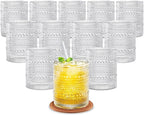 12 OZ Hobnail Drinking Set of 12 – Vintage Embossed Glassware, Textured Tumblers for Water, Beer, Cocktails, Mocktails, Whiskey & More – Includes Straws and Coasters – Clear