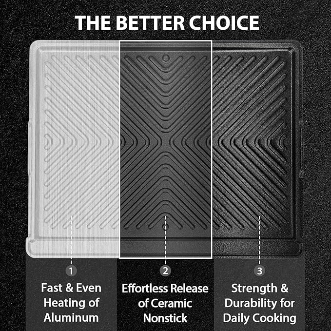 Utheer Nonstick Reversible Aluminum Ceramic Griddle 16.3" x 13", 50% Lighter 2-in-1 Flat & Ribbed Grill Griddle, Warp-Resistant, PFAS-Free,100% Recyclable Stovetop Griddle for Gas,Charcoal,Outdoor BBQ