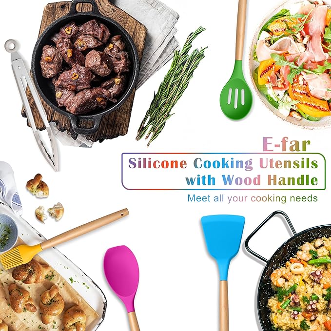 E-far Colorful Silicone Kitchen Utensils Set with Holder, 25-Piece Cooking Utensil Set with Wooden Handle for Nonstick Cookware, 446°F Heat Resistant Kitchen Tool Spatulas, Non-toxic & Healthy