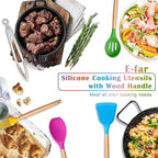 E-far Colorful Silicone Kitchen Utensils Set with Holder, 25-Piece Cooking Utensil Set with Wooden Handle for Nonstick Cookware, 446°F Heat Resistant Kitchen Tool Spatulas, Non-toxic & Healthy