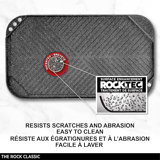 Starfrit The Rock 19.7'' x 11'' (50x28cm) Non-Stick Reversible Grill & Griddle - Durable Forged Aluminum - Oven Safe - PFOA Free - Easy to Clean - Black