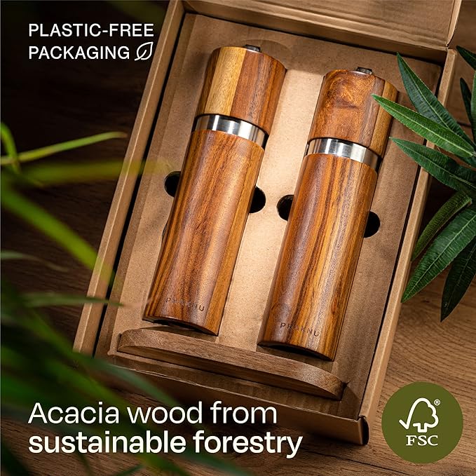 Salt and Pepper Grinder Set Wooden with Tray – Made from FSC® Acacia Wood – Adjustable Durable Ceramic Rotor - Plastic-Free