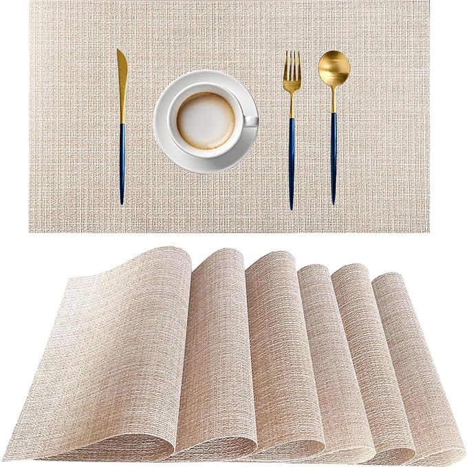 PIGCHCY Beige Placemats Set of 6 Vinyl PVC Durable Place Mats for Dining Table,Heat Resistant Non-Slip Woven Tabel Mats (18x12 inches, Beige)