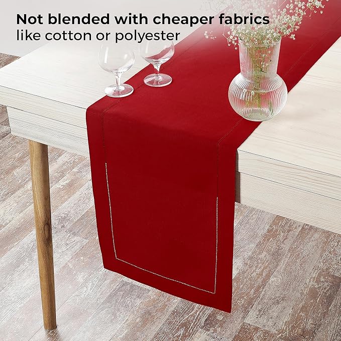 D'Moksha Homes Linen Red Table Runner 96 Inches Long - 100% Pure Linen Table Runner 14 x 96 Inch for Summer, Fall and Halloween - Classic Hemstitch