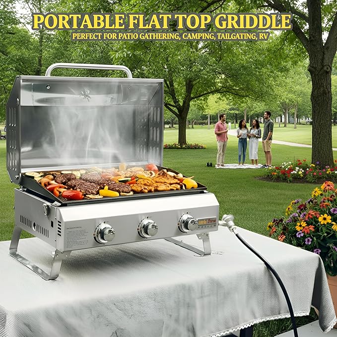 Tabletop Gas Griddle with Foldable Legs, Portable 3-Burner Propane Gas Grill Griddle Flat Top for Outdoor Cooking Patio Barbecue Camping Tailgating RV BBQ, Stainless Steel, #GS309