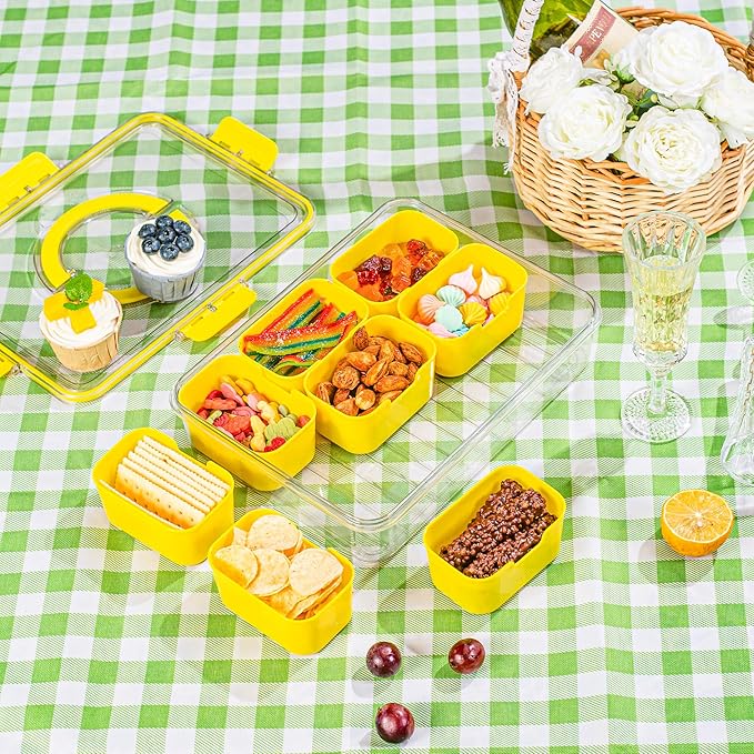 Divided Snack Serving Tray with Lid and Handle Travel Snackle Charcuterie Container Portable Storage Organizer for Candy, Fruits, Nuts, Snacks, Party, Picnic (1pack, Yellow)