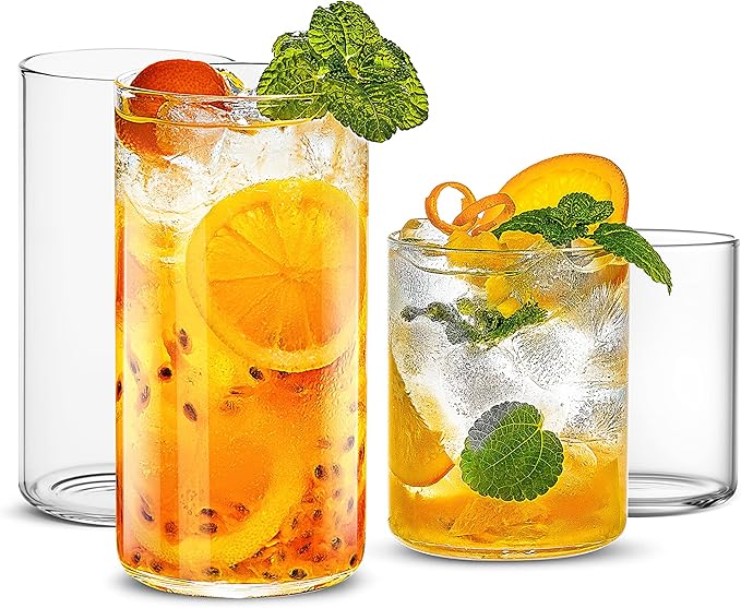 LUXU Drinking Glasses 15 oz Set of 2,Thin Highball Glasses 19 oz Set of 2,Elegant Bar Glassware For Water,Juice,Beer, Drinks,and Cocktails and Mixed Drinks,Lead-Free Juice Glass,Glass Drink Tumblers