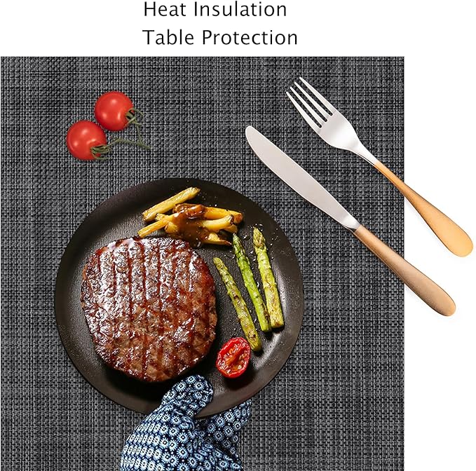 Myir JUN Placemats Set of 6, Vinyl Woven Placemats Place Mats Indoor Washable Table Mats Non-Slip Place mats for Dining Table (Dark Gray-Black, Set of 6)