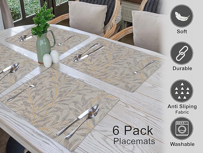 Ruvanti Placemats 100% Cotton 13x19 Inch, Dining Table Placemats Set of 6, Modern Place Mats for Dining Table Decor, Kitchen & Table Linens, Coffee Mat for Christmas Dinners - Leafy
