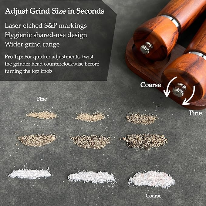 Wooden Salt and Pepper Grinder Set – Refillable Salt and Pepper Mill with Adjustable Upgraded Large Size Ceramic Burr – Manual Pepper Grinder with Beech Wood Body – 8.3” Tall (Chestnut)
