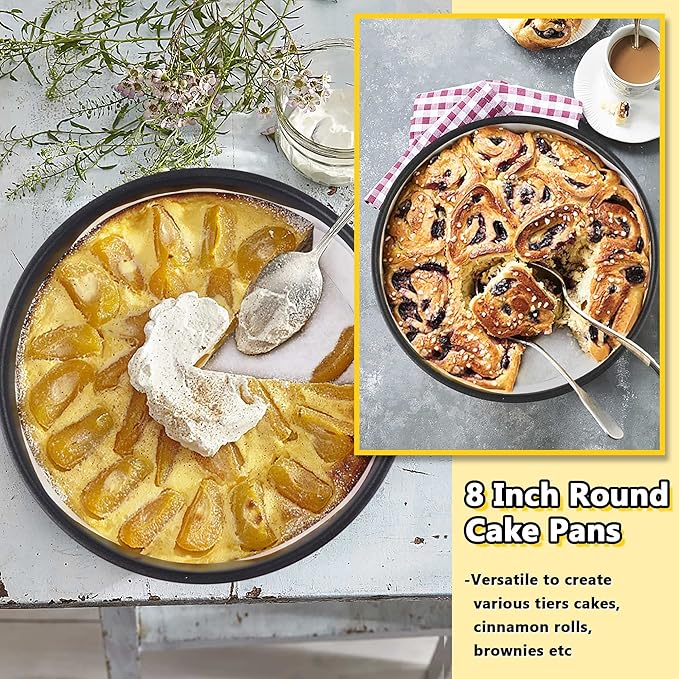 E-far 8 Inch Cake Pans Set of 2, Nonstick Stainless Steel Small Round Baking Pans with Parchment Paper & Side Liner Roll, Stainless Steel Core & Non-toxic Coating, Straight Side & 2 Inch Deep