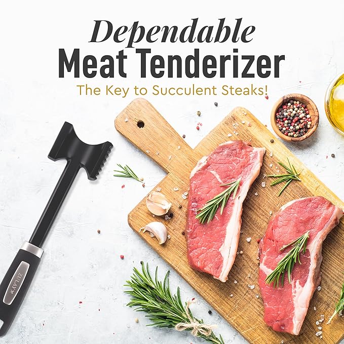 Zulay 10" Meat Tenderizer Hammer – Heavy-Duty Dual-Sided Mallet with Non-Slip Grip – Metal Meat Pounder for Tenderizing Beef, Chicken, Pork & More – Kitchen Tool for Cooking & BBQ - Black
