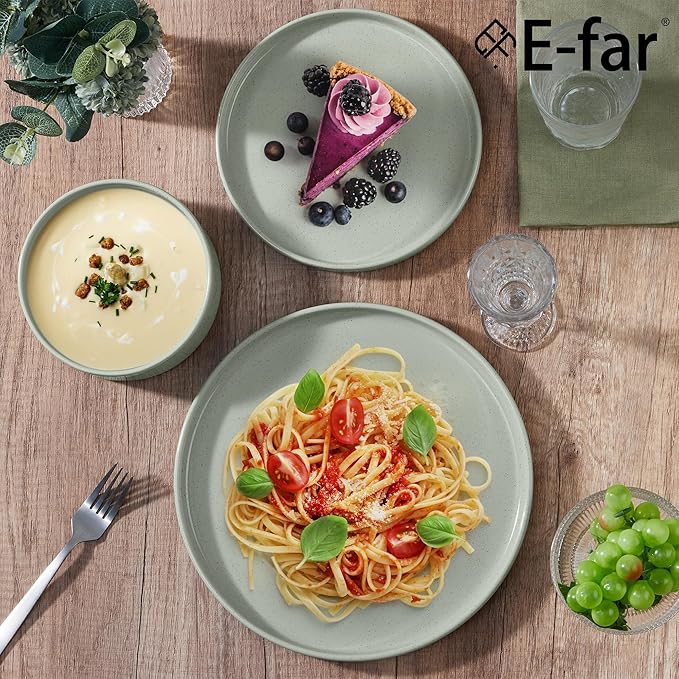 E-far Dinnerware Sets for 6, 18-Piece Stoneware Plates and Bowls Dish Set, Modern Kitchen Dinning Dishware, Chip and Scratch Resistant, Microwave & Dishwasher Safe, Speckled Green