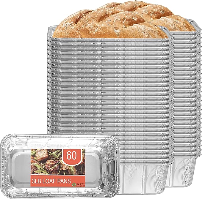 PARTY BARGAINS 3 Lb Aluminum Loaf Pan - 60 Pack, Heavy Duty Disposable Bread Pans for Perfect for Baking, Lasagna, Meatloaf & Food Serving (Max 240°C)