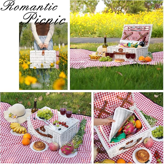 HappyPicnic Fitted Picnic Baskets Cooler Set for 4 Persons with Large Waterproof Picnic Blanket, Insulated Compartment and Cutlery Service Kit-Red