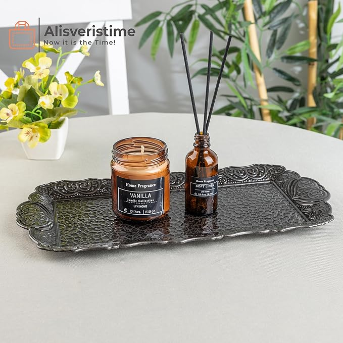 Alisveristime Small Ornate Metal Serving Tray – Ottoman Motif Decorative Tray (14.2" x 7.1", 10.8 oz) (Black)