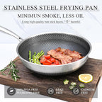 Vinchef Stainless Steel Wok Pan with Glass Lid 12 Inch, Honeycomb Nonstick Stir Frying Pan Induction Compatible and Dish Washer Safe