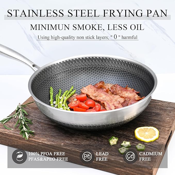 Vinchef Stainless Steel Wok Pan with Glass Lid 12 Inch, Honeycomb Nonstick Stir Frying Pan Induction Compatible and Dish Washer Safe