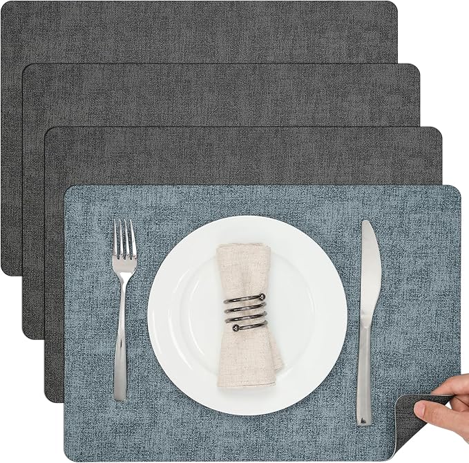 Myir JUN Dual Sided Faux Leather Placemats Set of 4 - Indoor/Outdoor Square Non-Slip Washable Table Mats (Gray Light Blue, Set of 4)