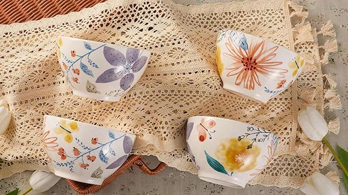 Bico Blossom Symphony Cereal Bowls Set of 4, 29 oz Deep Ceramic Soup Bowls for Cereal, Salad, Noodles, Kitchen, Microwave and Dishwasher Safe, Gift for Housewarming and Thanksgiving
