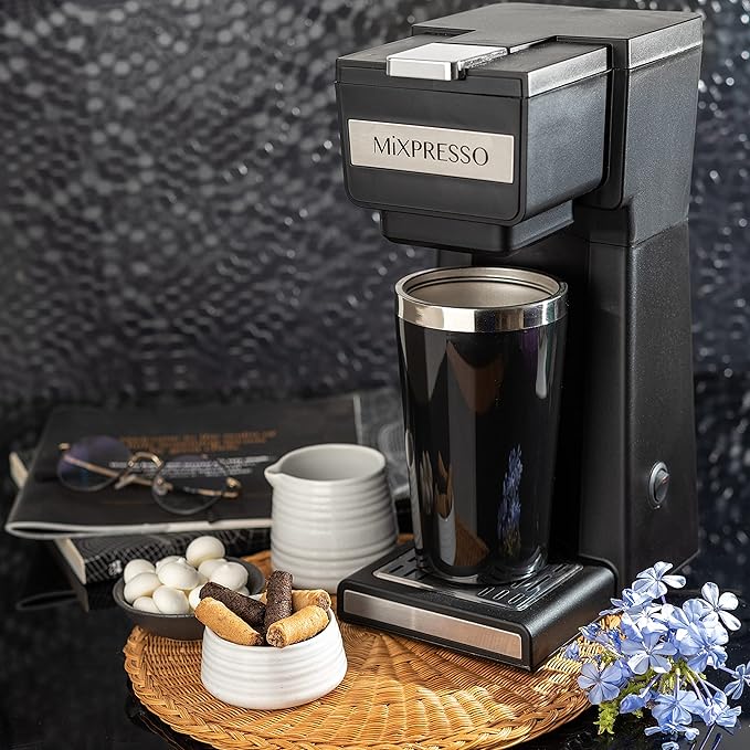 Mixpresso Coffee Maker Single Serve For Ground Coffee & Compatible With K Cup Pods, With 14oz Travel Mug & Reusable Filter For Home, Office & Camping.