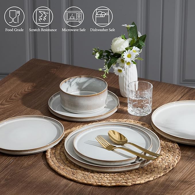 E-far Stoneware Dinnerware Sets, 18-Pieces Modern Plates and Bowls Sets, Kitchen Dinning Porcelain Dishes Set for 6, Chip & Scratch Resistant, Dishwasher & Microwave Safe, Creamy Beige