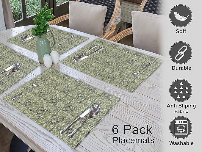 Ruvanti Placemats 100% Cotton 13 x19 Inch, Dining Table Placemats Set of 6, Modern Place Mats for Dining Table Decor, Kitchen and Table Linens, Coffee Mat for Christmas Dinners - Floral Tiles