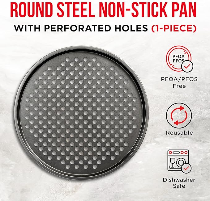 Non-Stick Pizza Pan with Holes - 13-Inch Perforated Pizza Crisper Carbon Steel Pizza Pan - 1 Round Pizza Trays PFOA PFOS and PTFE Free