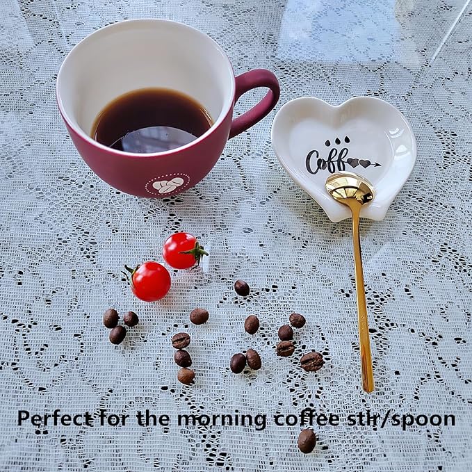 Heart-shaped Coffee Spoon Rest, Mini Coffee Spoon Holder, Coffee Stirrers, Teaspoon, Bar Spoon Rest, Coffee Bar Accessories (Ture white+Gold Spoon)