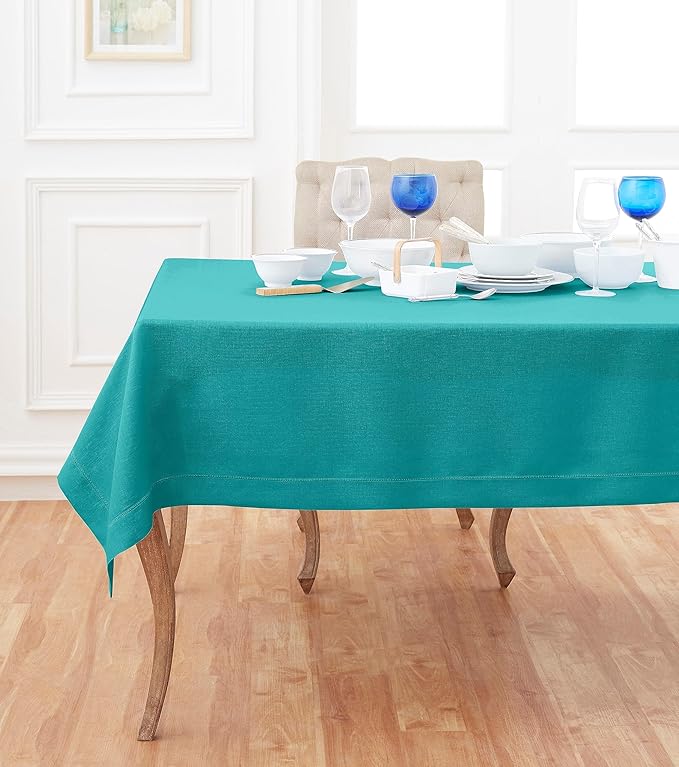 Solino Home Linen Square Tablecloth 52 x 52 Inch - 100% Pure Linen Teal Table Throw - Classic Hemstitch, Machine Washable Table Cloth for Summer, Fall, Autumn