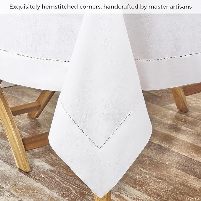 D'Moksha Homes White Linen Tablecloth for Rectangle Tables 60 x 132 Inch - 100% Pure Linen White Table Cloth - Classic Hemstitch, Machine Washable Dining Tablecloth for Summer, Fall and Halloween