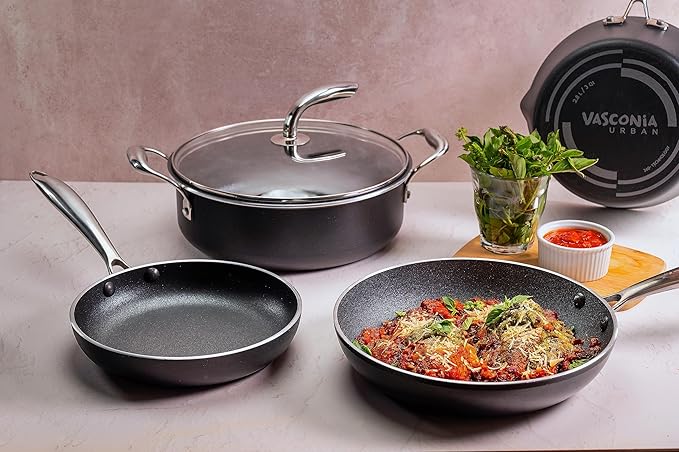 Vasconia 11-Piece Aluminum Cookware Set - Nonstick Pots and Pans with Lids - Dishwasher, Oven Safe up to 475°F - Skillets, Griddle, Casserole, Dutch Oven - Black