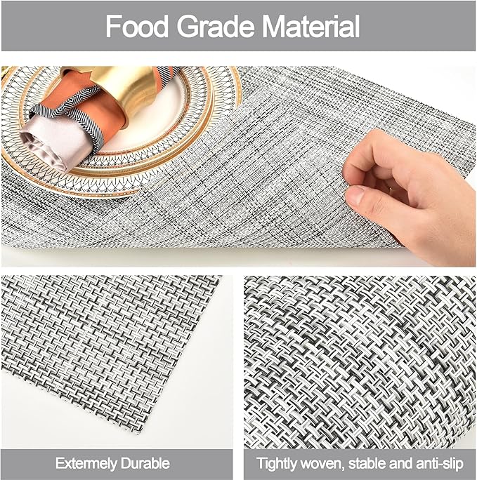 Placemats Set of 6 - Easy Clean Washable Vinyl Placemats - Wipeable Heat Resistant Table Mats for Dining Table - 17.7x11.8 Inch (6, Black & White Two-Tone)