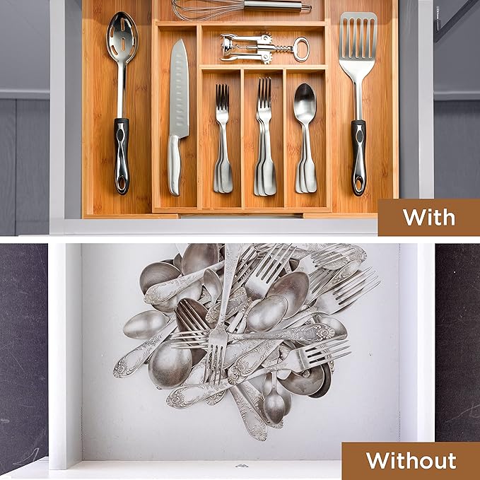 Bamboo Expandable Drawer Organizer for Utensils - Adjustable Cutlery Tray with Dividers for Silverware, Flatware, and Knives in Kitchen, Bedroom, or Living Room Storage