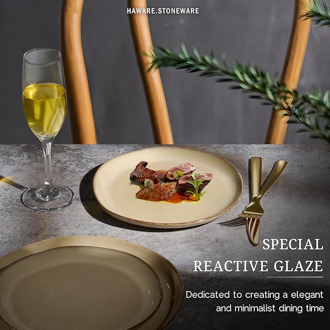 HaWare Stoneware Salad Plates Set of 6, 7.9” Heavy Duty Ceramic Plates, Reactive Glaze Dinnerware for Home Restaurant, Chip and Scratch Resistant, Microwave and Dishwasher Safe, Reactive Sandy Khaki