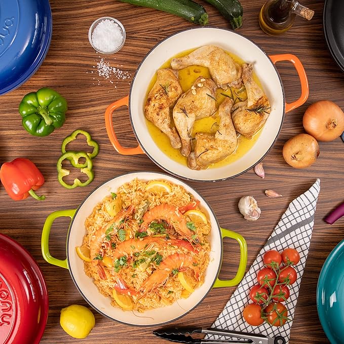 Cast Iron Dutch Oven with Lid – Non Stick Shallow Dutch Oven Pot, Oven Safe up to 500° F – Sturdy Cooking Pot – Enamelled Stockpot Cookware – Dark Blue, 3.7-Quart, 30cm – by Nuovva