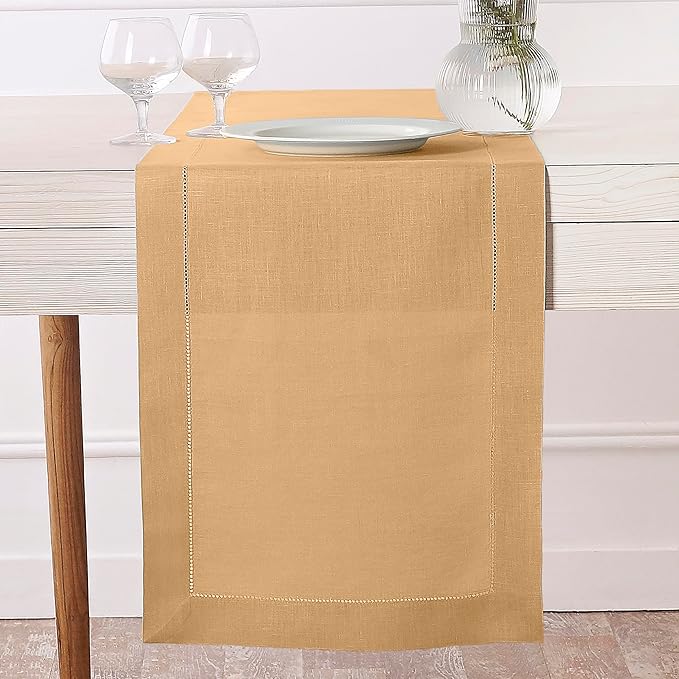D'Moksha Homes Linen Beige Table Runner 84 Inches Long - 100% Pure Linen Table Runner 14 x 84 Inch for Summer, Fall and Halloween - Classic Hemstitch