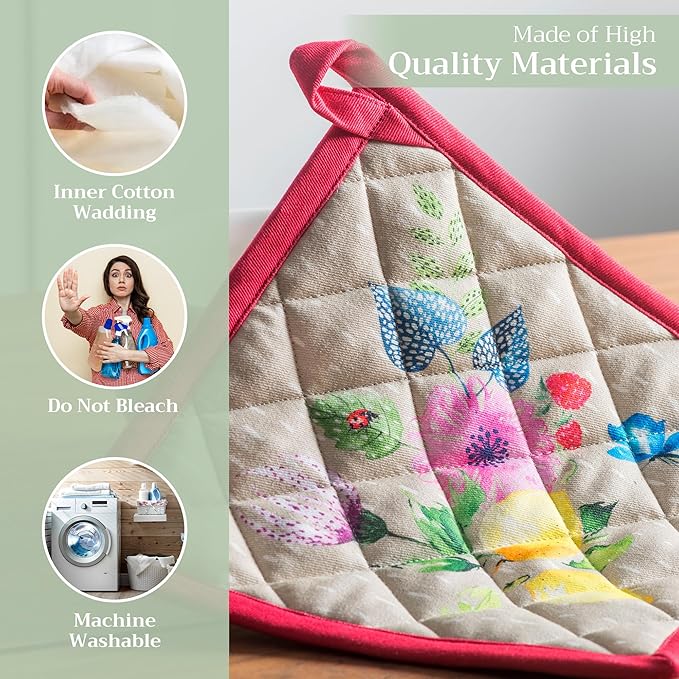 Maison d' Hermine Pot Holders Set 100% Cotton Heat Resistant Potholders 8" x 8" Hot Pads with Loop BBQ, Cooking, Grilling, Kitchen, Handling Hot Pans Spring/Summer (Pack of 2, Jardin D'Ete - Fog)