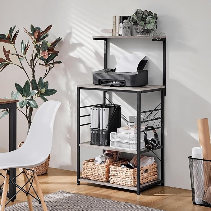 Yaheetech Kitchen Bakers Rack on Wheels(16D x 24W x 50H Inches), Microwave Stand Kitchen Cart, Rolling Coffee Bar Cart with 6 S-Side Hooks and Adjustable Feet, Utility Storage Shelf, Gray