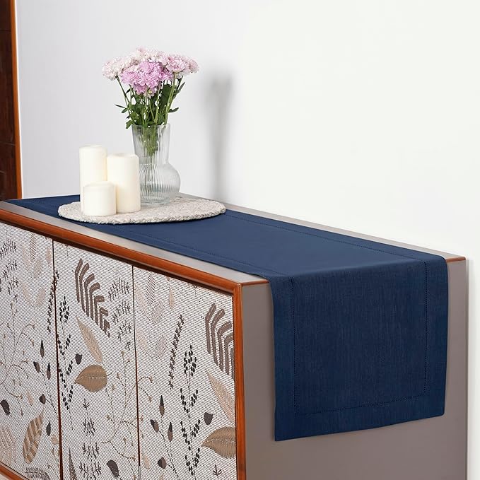 D'Moksha Homes Linen Navy Blue Table Runner 102 Inches Long - 100% Pure Linen Hemstitch 14 x 102 Inch Table Runner for Dining, Summer, Fall and Halloween - Classic Hemstitch