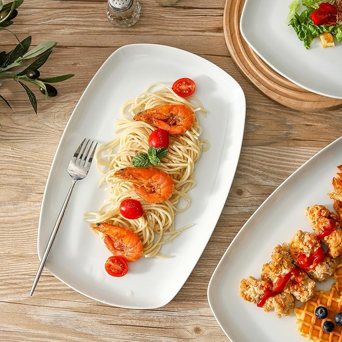 fMBB 3pcs Ceramic White Serving Platters, Large Rectangular Plate, Irregular Rectangular Trays - Party, Wedding, Entertaining, Microwave and Dishwasher Safe - 14 Inch