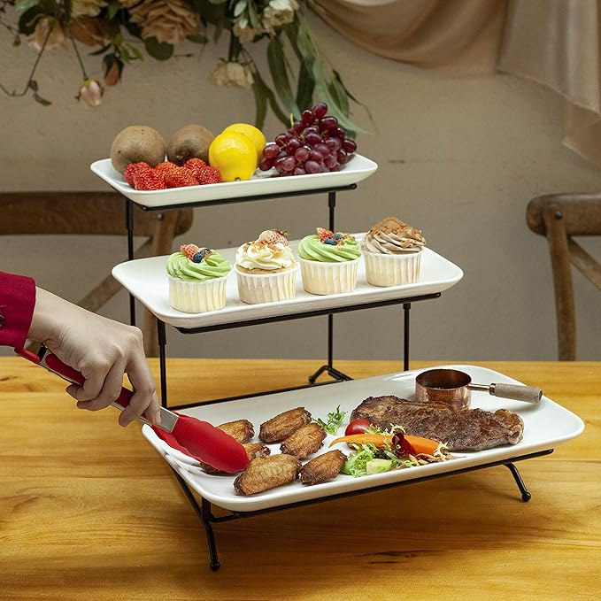 Happy Kit 3 Tier Serving Tray with Serving Tong, Ceramic Rectangular Serving Platters for Cupcake Stand Display, 16/14/12inch Tiered Serving Tray with Collapsible Sturdy Metal Rack for Dessert Server