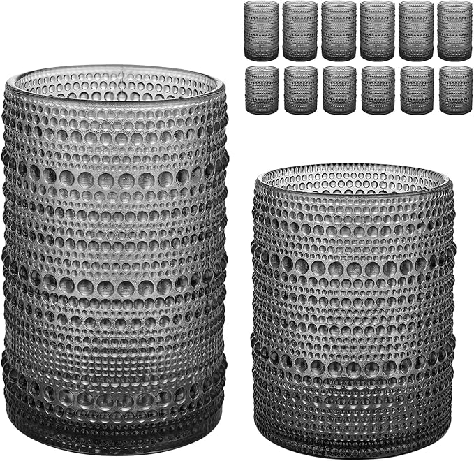 Hobnail Drinking Glasses Set of 12, 12oz & 15oz Vintage Glassware Set Cocktail Glass Set, Embossed Gray Water Tumbler,for Beer, Whiskey,Juice and Various Mixed Drinks
