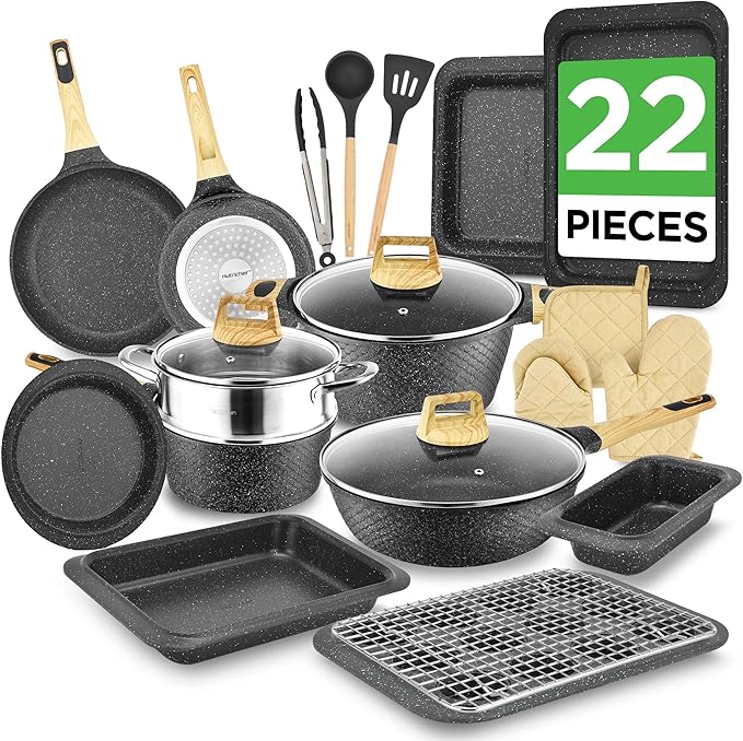 NutriChef 22-Piece Black Marble Non-Stick Cookware and Bakeware Set - Professional Home Kitchen Collection with Multi-Sized Pots, Pans, and Heat-Resistant Tools