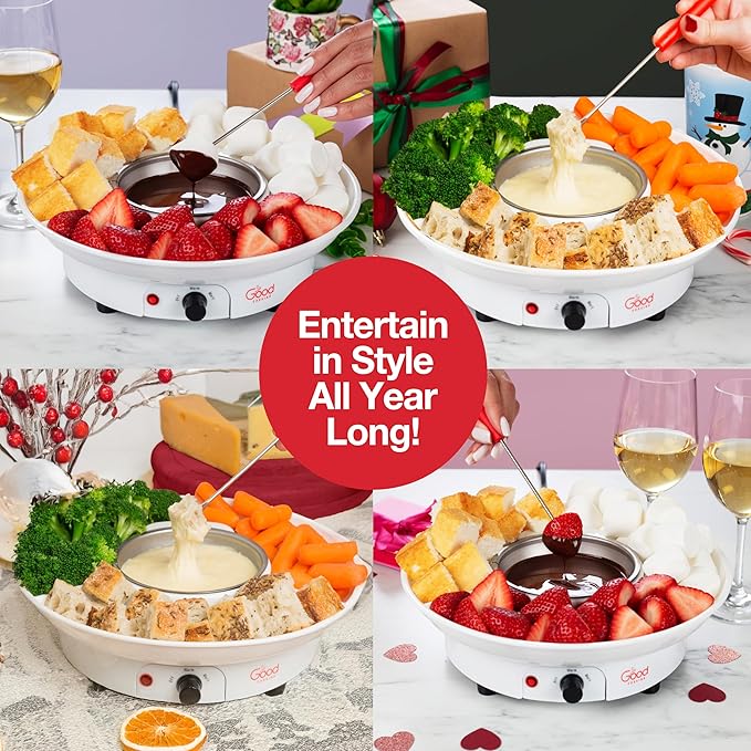 Electric Fondue Maker Deluxe Set w 4 Forks- Removable Serving Tray for Cheese & Chocolate Melting, Warming Setting- XMAS Candy Bar Melter, Holiday Party Must Have- Appetizers Desserts- Gift for Host