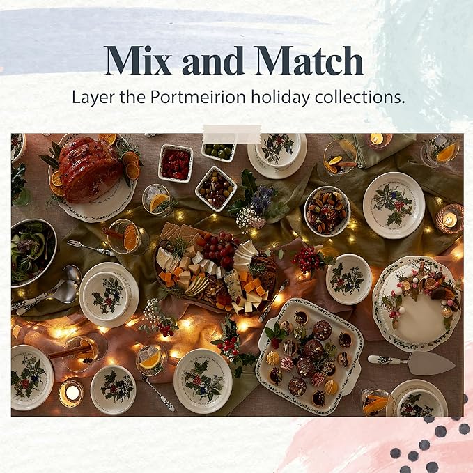 Portmeirion Holly and Ivy 8-Inch Salad Bowls (Set of 6) - Festive Earthenware for Christmas Dining, Ideal for Salads, Sides, Desserts - Microwave, Dishwasher, Freezer Safe - Seasonal Tableware