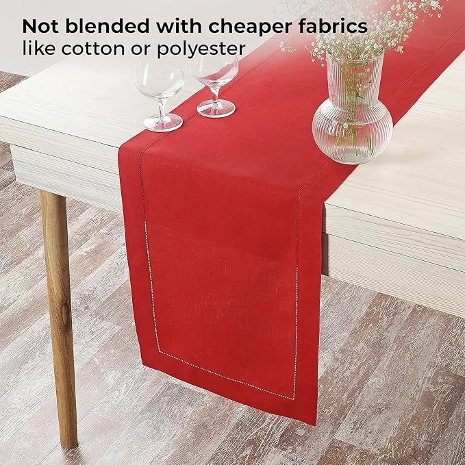 D'Moksha Homes Linen Bright Red Table Runner 36 Inches - 100% Pure Linen Small Table Runner 14 x 36 Inch Ideal for Dresser, Coffee Tables, Fall and Halloween - Classic Hemstitch - Classic Hemstitch