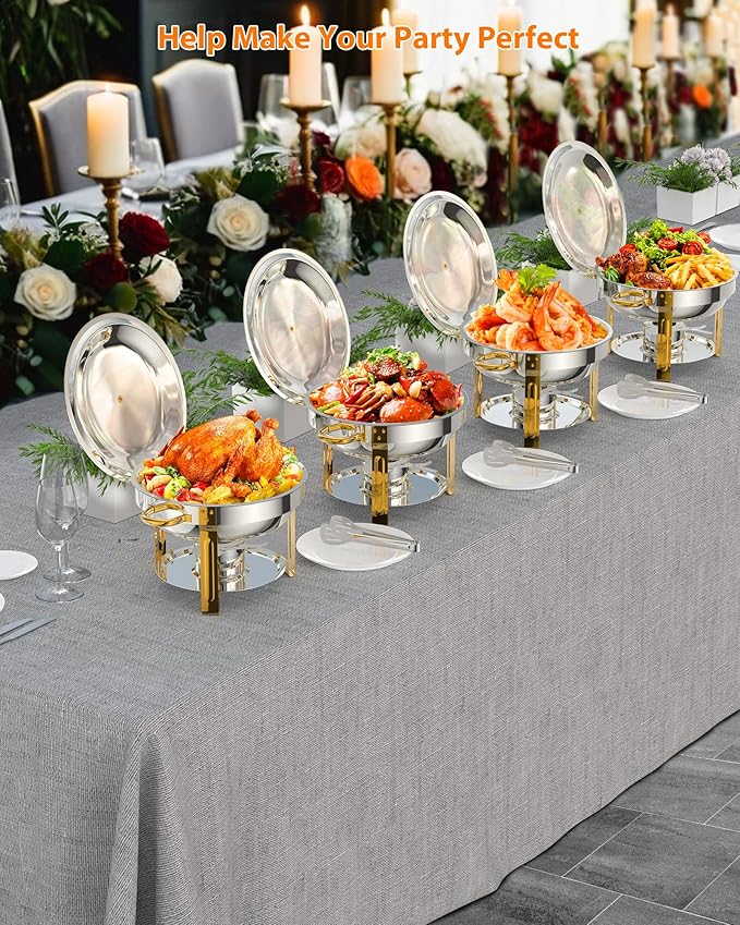 Chafing Dish for Buffet 2 Pack, 5QT Round Chafing Dishes Buffet Set w/Lid Holder, Stainless Steel Chafers and Food Warmers with Spoon and Tweezers for Parties, Weddings, Events, Banquet, Gold
