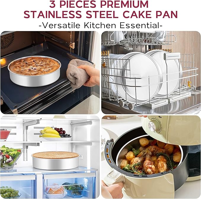 Onader 8 Inch Round Cake Pan, Stainless Steel Baking Pan Set of 3, Birthday Wedding Cake Tin